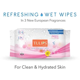 Tulips Japanese Cherry Refreshing Wet Wipes, 20 Wipes per Pack, Set of 3 | Soft, Gentle & Refreshing for Skin | Ideal for On-the-Go Cleansing & Freshness