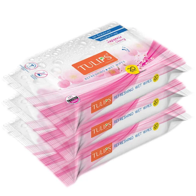 Tulips Japanese Cherry Refreshing Wet Wipes, 20 Wipes per Pack, Set of 3 | Soft, Gentle & Refreshing for Skin | Ideal for On-the-Go Cleansing & Freshness