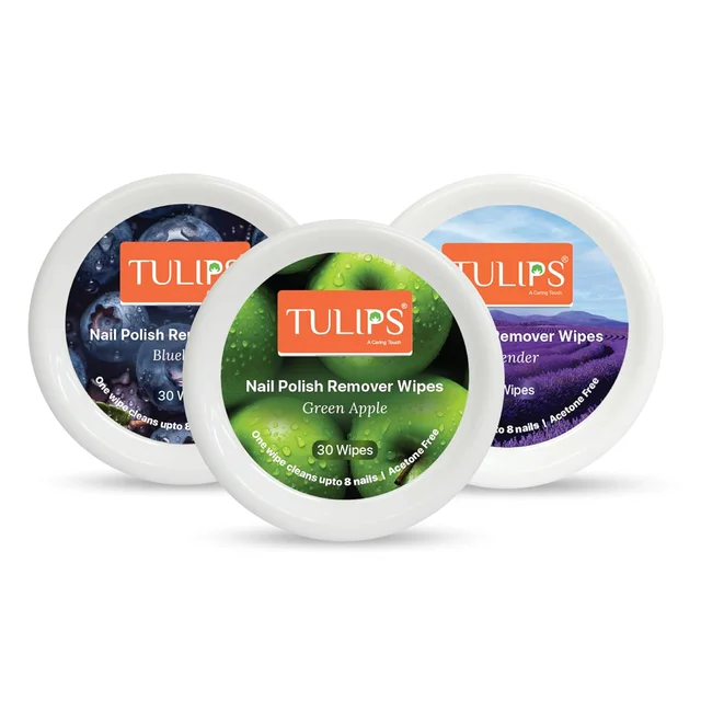 Tulips Nail Polish Remover Wipes | Acetone-Free |Pre-Moistened, Convenient & Gentle | Green Apple, Blueberry & Lavender Scents