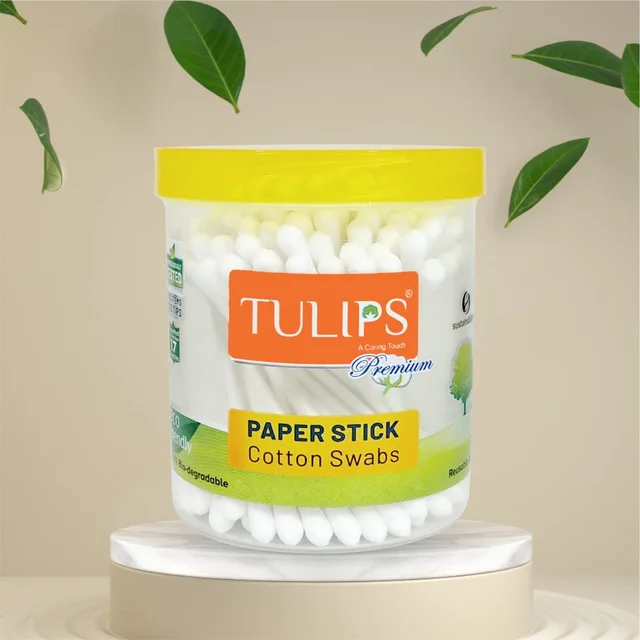Tulips Premium Cotton Paper Swabs 100 Stems (200 Tips) | 100% Pure & Soft Cotton | Biodegradable & Multi Purpose | Gentle & Eco-Friendly