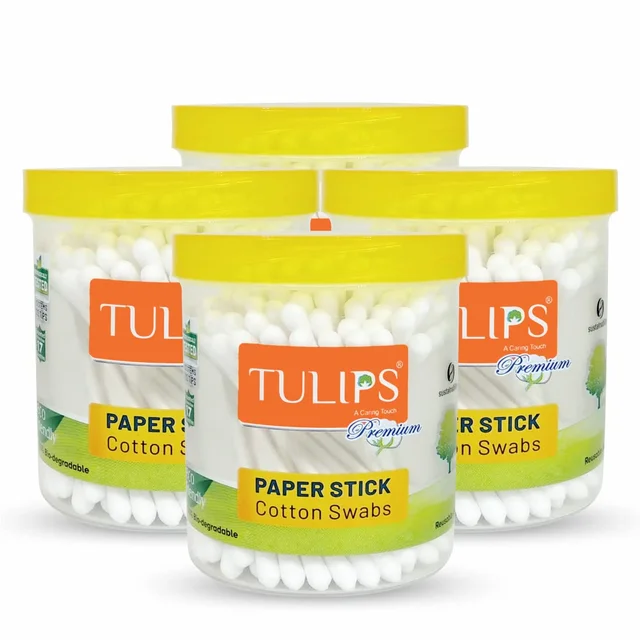 Tulips Premium Cotton Paper Swabs 100 Stems (200 Tips ) x 4 Set | 100% Pure & Soft Cotton | Biodegradable & Multi Purpose | Gentle & Eco-Friendly