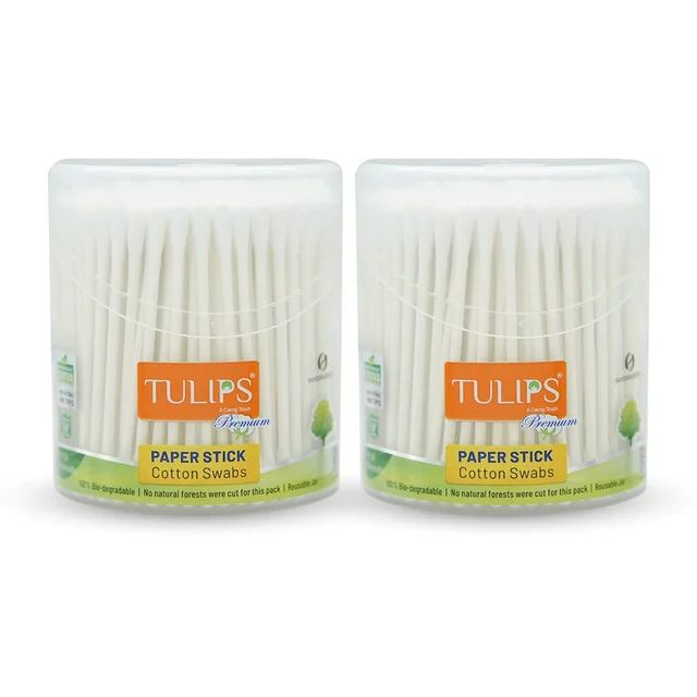 Tulips Premium Cotton Paper Swabs Flip Jar - 200 Stick 400 Tips (Set of 2) | 100% Pure Cotton | Biodegradable & Eco-Friendly Swabs for Multi-Purpose Use