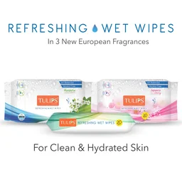 Tulips Refreshing Wet Wipes, Assorted Fragrances - Japanese Cherry, Magnolia & Summer Fresh (60 Wipes) | Gentle & Soft for Face | Hands & Body | Perfect for Travel & Daily Use