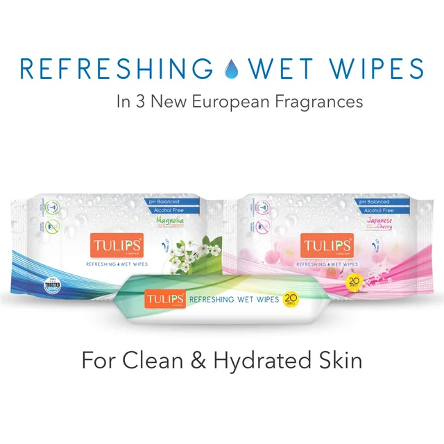 Tulips Refreshing Wet Wipes, Assorted Fragrances - Japanese Cherry, Magnolia & Summer Fresh (60 Wipes) | Gentle & Soft for Face | Hands & Body | Perfect for Travel & Daily Use