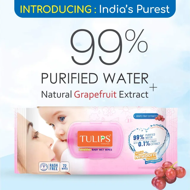 Tulips Sensitive Baby Wet Wipes LID Pack (72 Wipes) | Gentle Cleaning | Moisturizing | Rash-Free | 99% Purified Water & Grapefruit Extracts