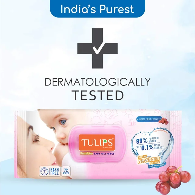 Tulips Sensitive Baby Wet Wipes LID Pack (72 Wipes) | Gentle Cleaning | Moisturizing | Rash-Free | 99% Purified Water & Grapefruit Extracts