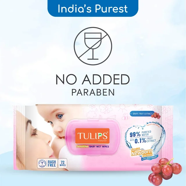 Tulips Sensitive Baby Wet Wipes LID Pack (72 Wipes) | Gentle Cleaning | Moisturizing | Rash-Free | 99% Purified Water & Grapefruit Extracts