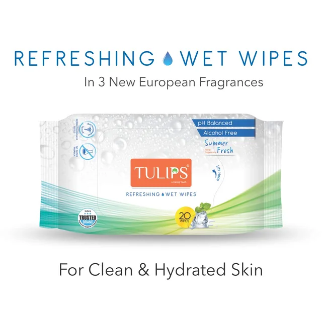 Tulips Summer Fresh Refreshing Wet Wipes, 20 Wipes | Soft, Gentle & Skin-Friendly Wipes |Cooling Summer Fragrance for Face | Hands & Body | Perfect for Travel & Daily Use.