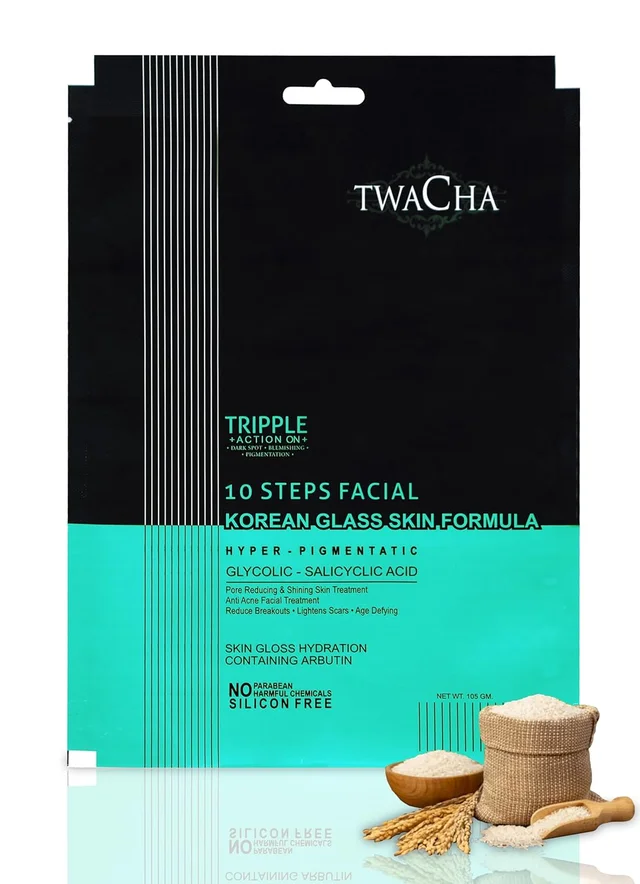 Twacha 10 Steps Facial Kit with Glycolic & Salicylic Acid | Korean Glass Skin Facial | Instant Brightening, Pigmentation Removal, Firm & Glowing Skin