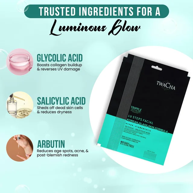 Twacha 10 Steps Facial Kit with Glycolic & Salicylic Acid | Korean Glass Skin Facial | Instant Brightening, Pigmentation Removal, Firm & Glowing Skin