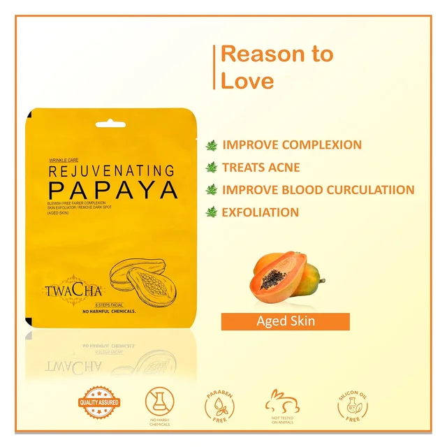 Twacha 6 Steps Rejuvenating Papaya Facial Kit | Papaya Enzymes + Alpha-Arbutin for Dark Spot Reduction & Radiant Glow | All Skin Types | Home Spa Facial