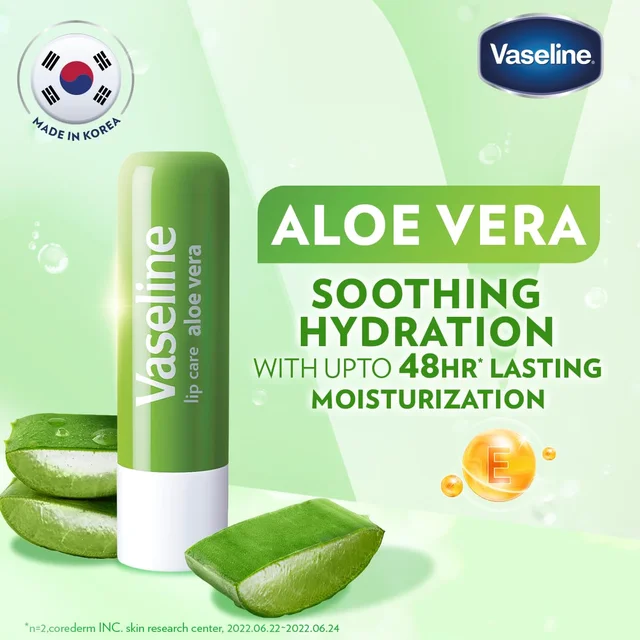 Vaseline Lip Care Aloe Vera Lip Balm Stick 4.8g | Up to 48Hr Moisturization | With Aloe Extract & Petroleum Jelly | Made in South Korea