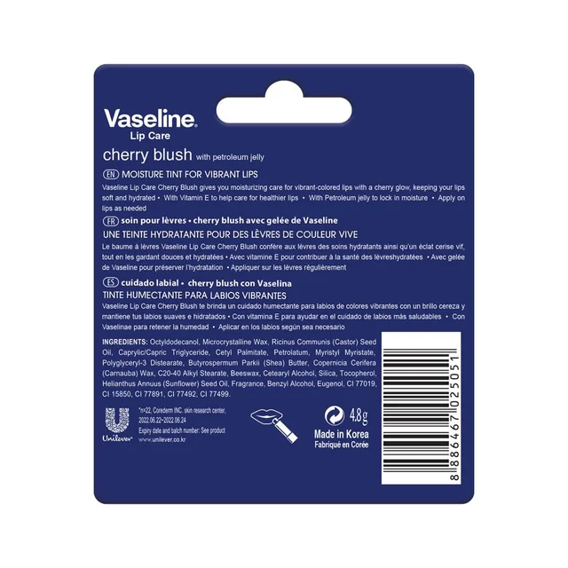 Vaseline Lip Care Cherry Blush Tinted Lip Balm Stick 4.8g | Up to 48Hr Moisturization | With Petroleum Jelly & Vitamin E | Made in South Korea