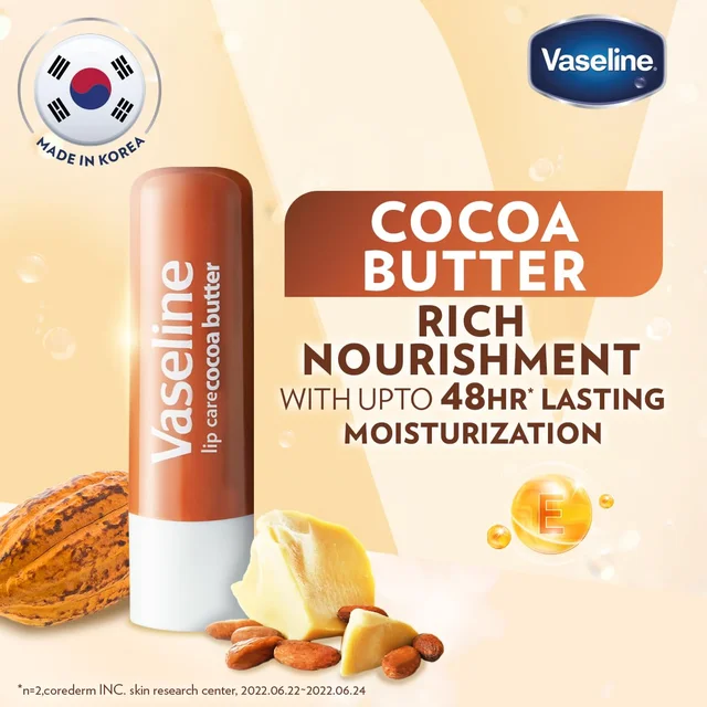 Vaseline Lip Care Cocoa Butter Lip Balm Stick 4.8g | Up to 48Hr Moisturization | With Cocoa & Shea Butter | Made in South Korea | Daily Lip Care for Soft, Smooth Lips