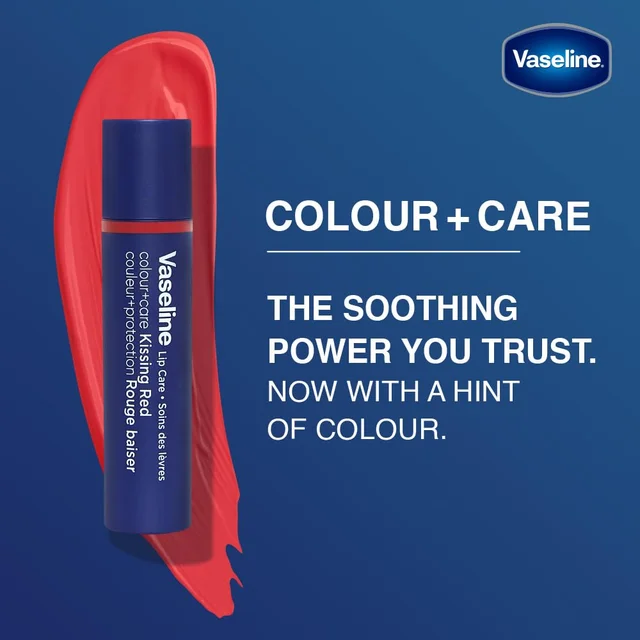 Vaseline Lip Care Colour+Care Kissing Red Tinted Lip Balm Stick 3g with Manuka Honey | Up to 24Hr* Moisturization | Soft, Smooth & Red-Tinted Lips