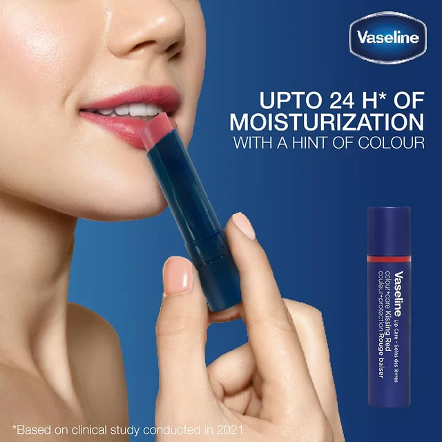 Vaseline Lip Care Colour+Care Kissing Red Tinted Lip Balm Stick 3g with Manuka Honey | Up to 24Hr* Moisturization | Soft, Smooth & Red-Tinted Lips