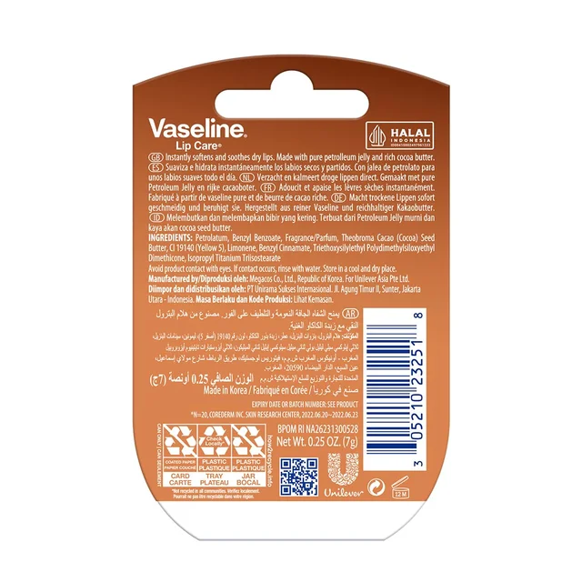 Vaseline Lip Therapy Cocoa Butter Lip Balm 7g | Nourishing Balm for Soft, Glowing Lips | 72Hr Moisturization | Cocoa Butter Fragrance