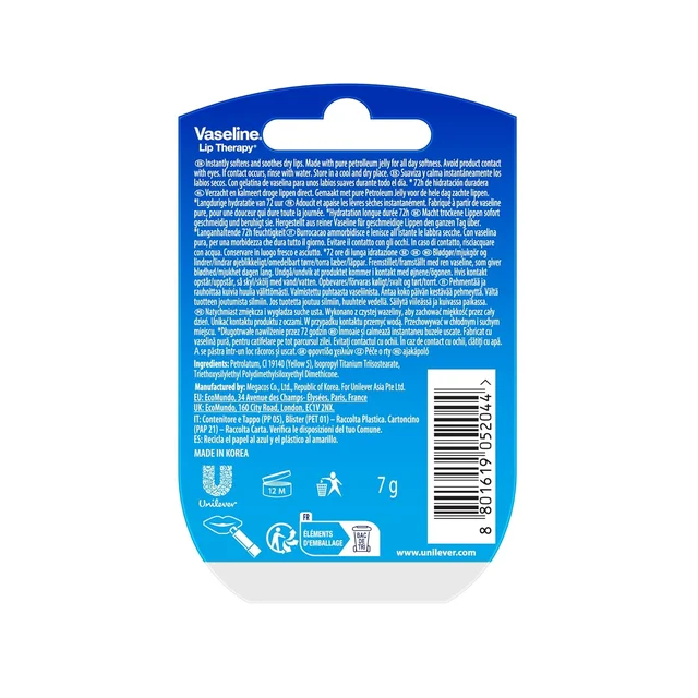 Vaseline Lip Therapy Original Lip Balm 7g | Classic Balm for Soft & Smooth Lips | Up to 72Hr Moisturization | Original Neutral Fragrance | Daily Lip Care