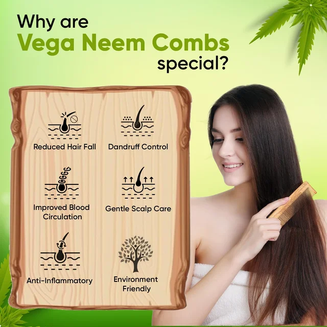 Vega WNC-01 Neem Hair Comb for Unisex | 100% Natural Neem Wood | India's No.1 Hair Comb| Anti-Dandruff, Hair Fall Control & Gentle Detangling | Eco-Friendly, Antibacterial & Frizz-Free