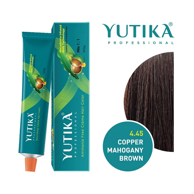 Yuthika Professional Creme Hair Color Tube 100gm with 4.45 Copper Hamogany Brown Shade | Permanent Fashion Shade | Smooth Shine Finish | Grey Coverage | Salon Quality Result at Home