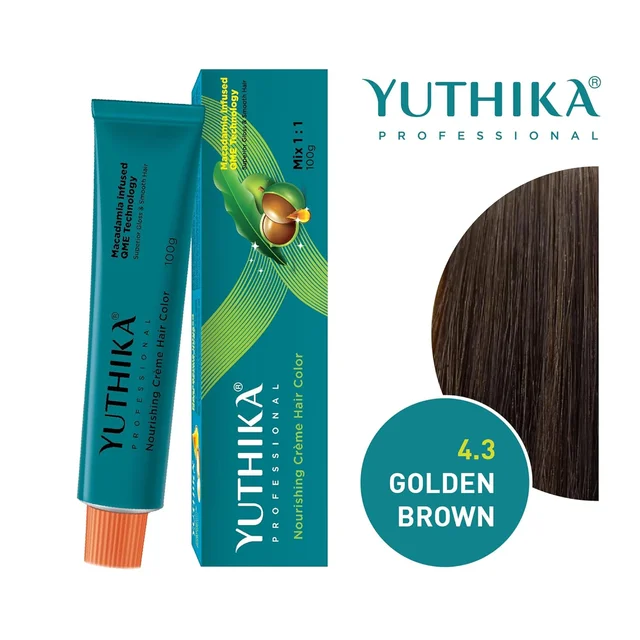 Yuthika Professional Creme Hair Color Tube 100gm with 4.3 Golden Brown Shade | Permanent Fashion Shade | Smooth Shine Finish | Grey Coverage | Salon Quality Result at Home