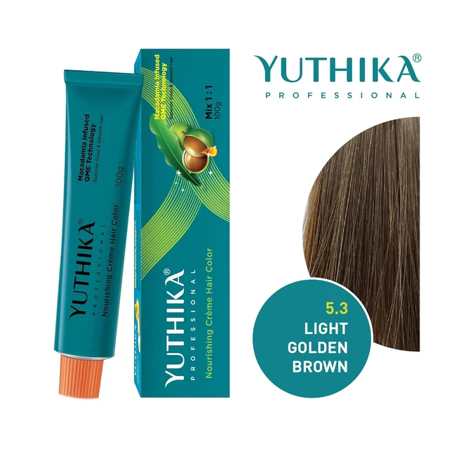 Yuthika Professional Creme Hair Color Tube 100gm with 5.3 Light Golden Brown Shade | Permanent Fashion Shade | Smooth Shine Finish | Grey Coverage | Salon Quality Result at Home
