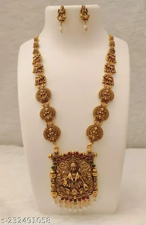 Kunj Traders Oxidized Laxmi ji Jewellery Set 1 Necklace A Pair of Earrings for Haldi, Festive, Occasions- Red Green Colour