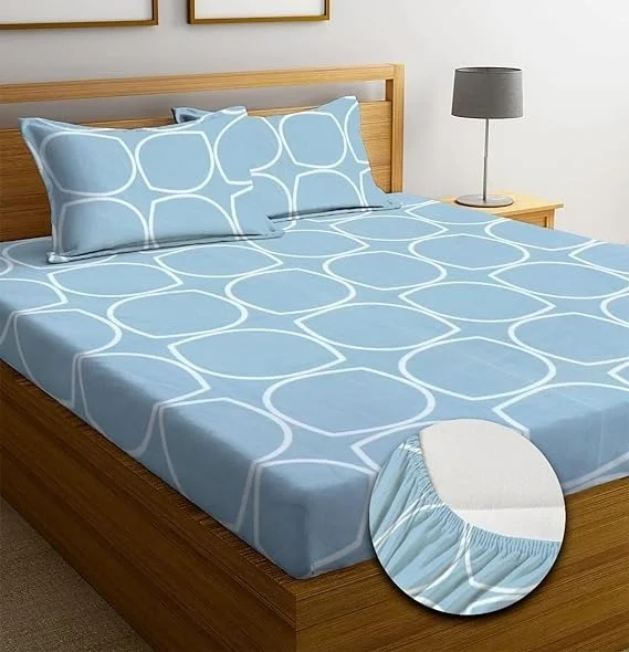 Cotton Elastic Fitted Bedsheets with 2 King Size Pillow Covers Double Bed with All Around Elastic Supersoft Size - 72 King Sizex78+10 inches Grey White