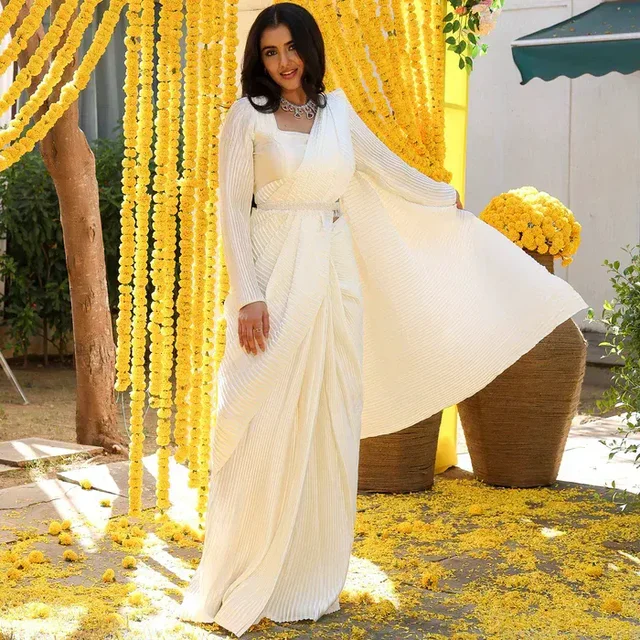 White Pleated Pre-Draped Saree