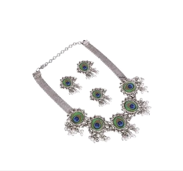 Oxidised Silver Mayur Pearl Jewellery Set (Pack Of 1) - Alto, Free Size