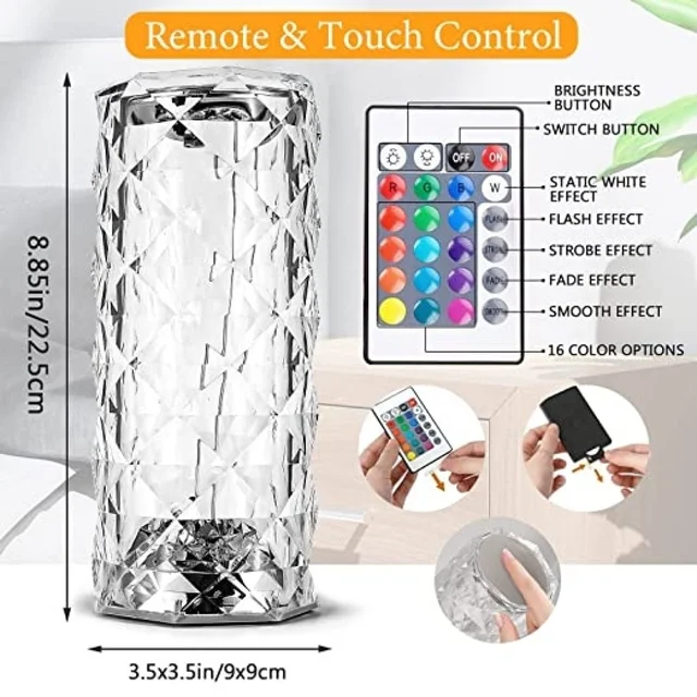 Crystal Diamond Lamp 16 Colour Changing Rose Crystal Table Lamp