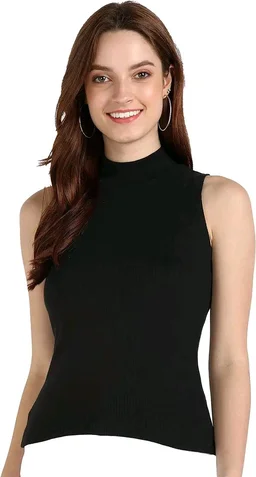 Womens Tank Top High Neck Cotton Top Stylish Women Top - Black, M
