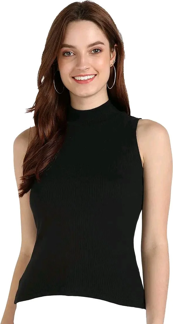 Womens Tank Top High Neck Cotton Top Stylish Women Top - Black, M