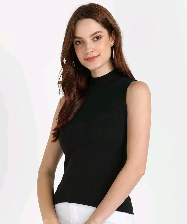 Womens Tank Top High Neck Cotton Top Stylish Women Top - Black, XL