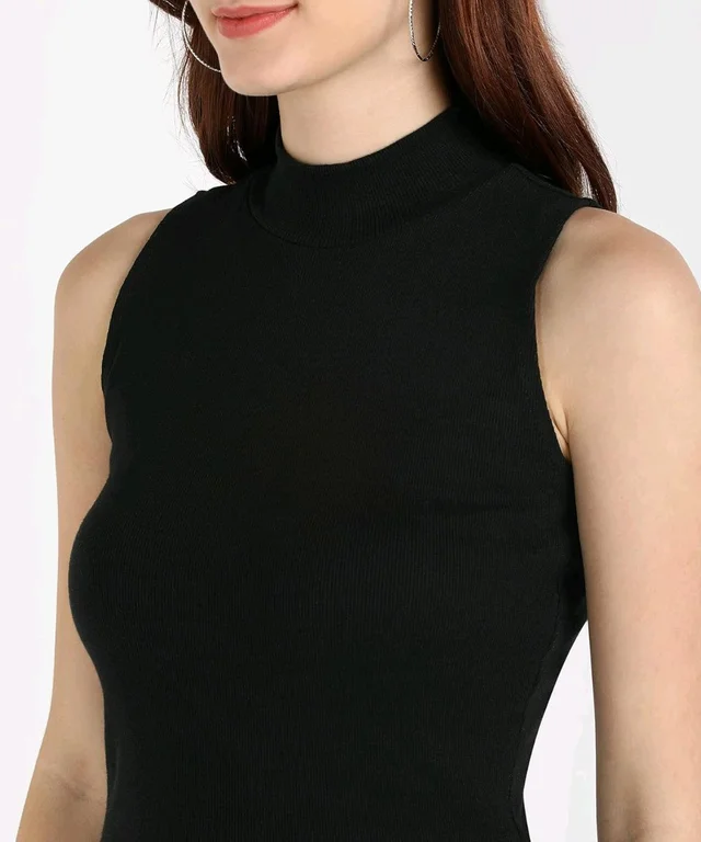 Womens Tank Top High Neck Cotton Top Stylish Women Top - Black, XL
