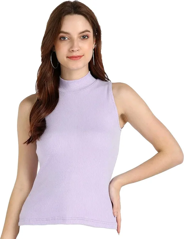 Womens Tank Top High Neck Cotton Top Stylish Women Top - Lavender, L
