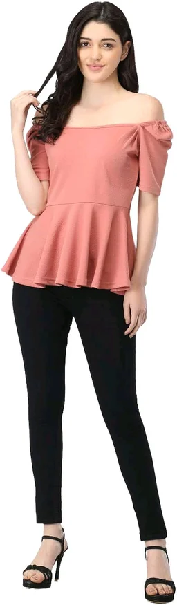 Women's Casual Stylish Peplum Top with Puffed Sleeves - Tony's Pink, L