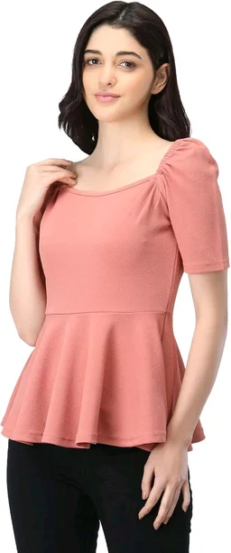 Women's Casual Stylish Peplum Top with Puffed Sleeves - Tony's Pink, L