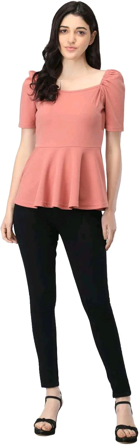 Women's Casual Stylish Peplum Top with Puffed Sleeves - Tony's Pink, L
