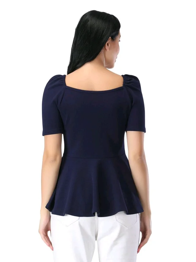 Women's Casual Stylish Peplum Top with Puffed Sleeves - Steel Gray, L