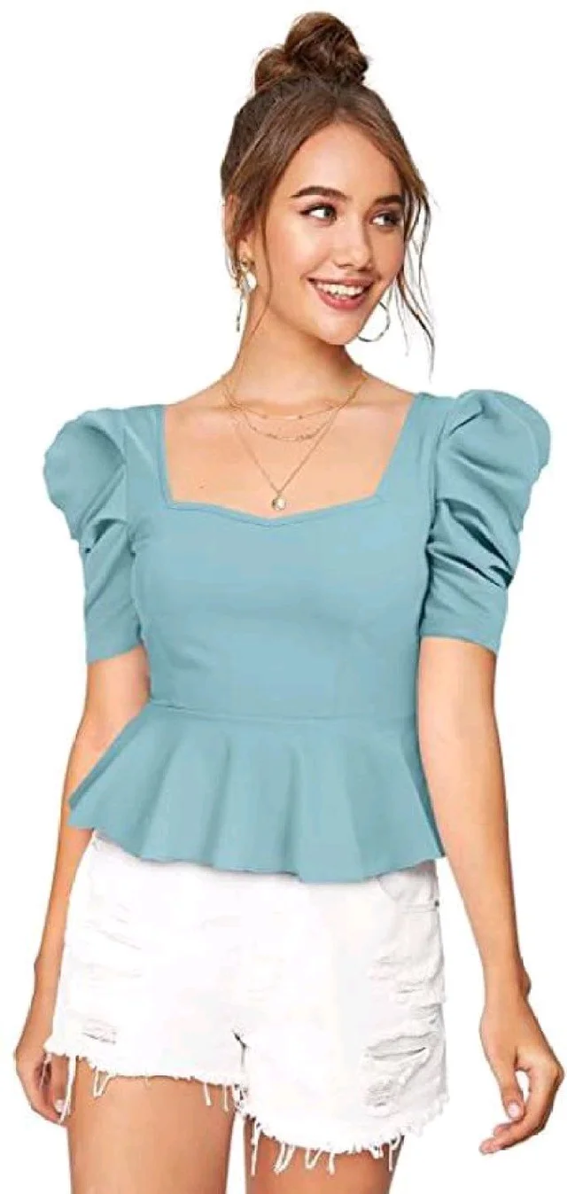 Women's Casual Stylish Peplum Top with Puffed Sleeves - Half Baked, L