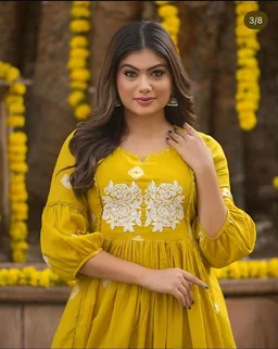 All in Yellow Cotton Kurti Set - Buddha Gold, L
