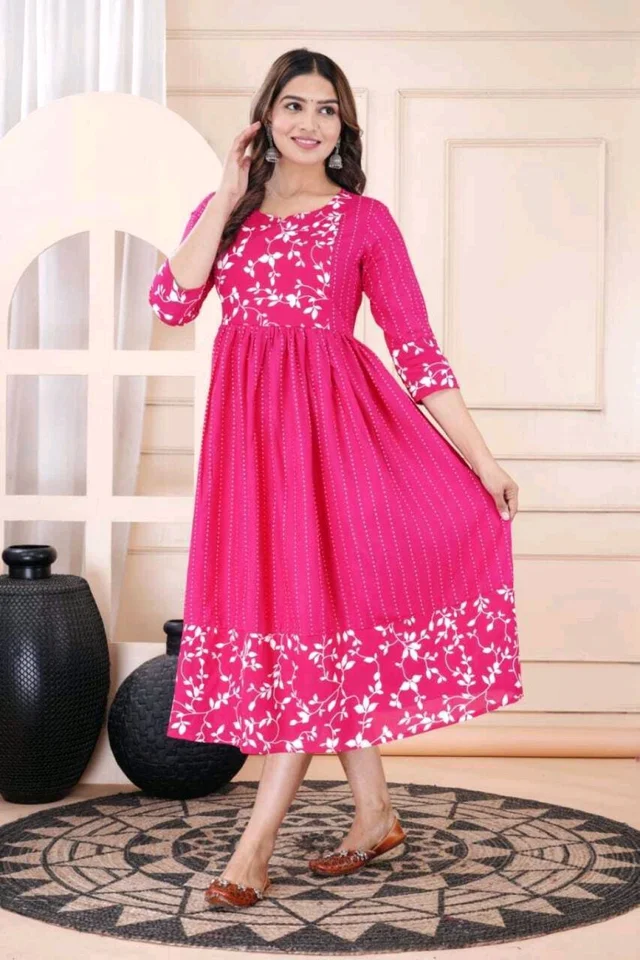 Women Floral Print Viscose Rayon Straight Kurta (Pink) - Cerise, L