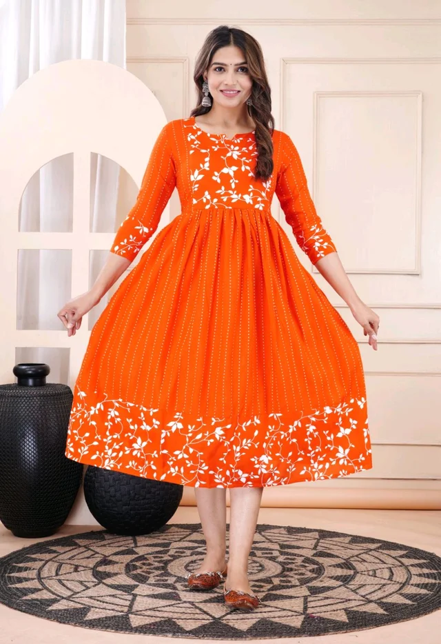 Women Floral Print Viscose Rayon Straight Kurta (Pink) - International Orange, L