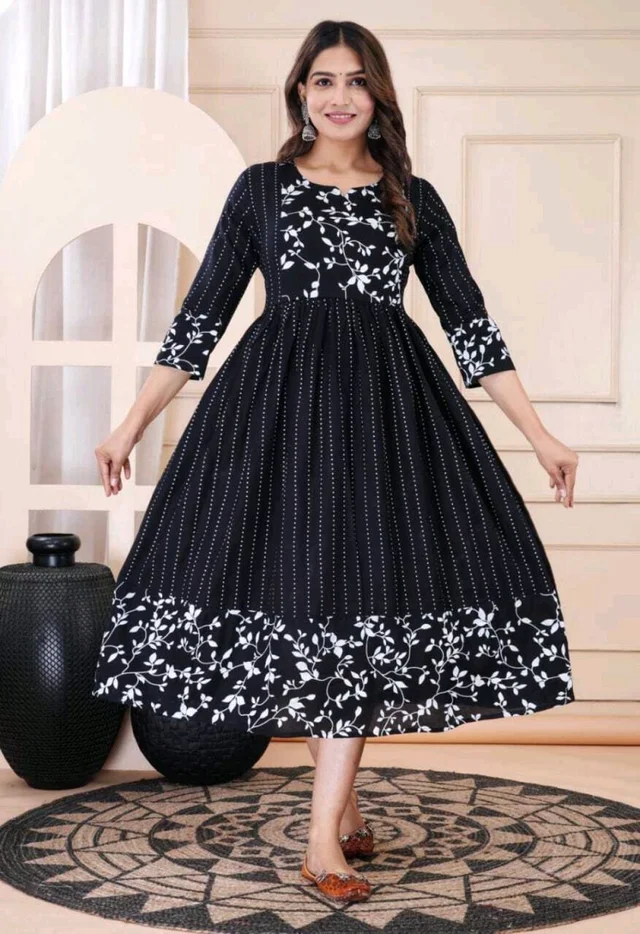 Women Floral Print Viscose Rayon Straight Kurta (Pink) - Black, XL