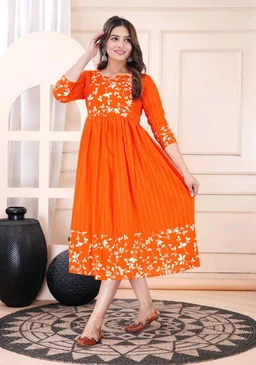 Women Floral Print Viscose Rayon Straight Kurta (Pink) - International Orange, 2XL