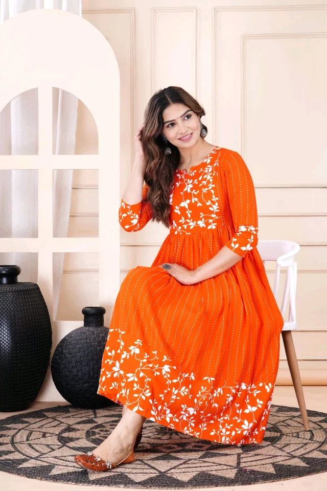 Women Floral Print Viscose Rayon Straight Kurta (Pink) - International Orange, 2XL