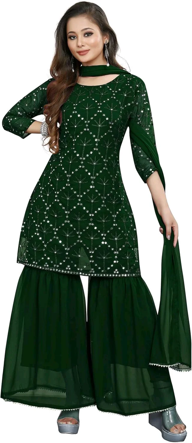 Women's Georgette Sequence Party Festival Wear Full Sleeve Latest Stitched Kurta Sharara and Duppata Set - Japanese Laurel, M