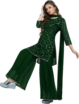 Women's Georgette Sequence Party Festival Wear Full Sleeve Latest Stitched Kurta Sharara and Duppata Set - Japanese Laurel, M