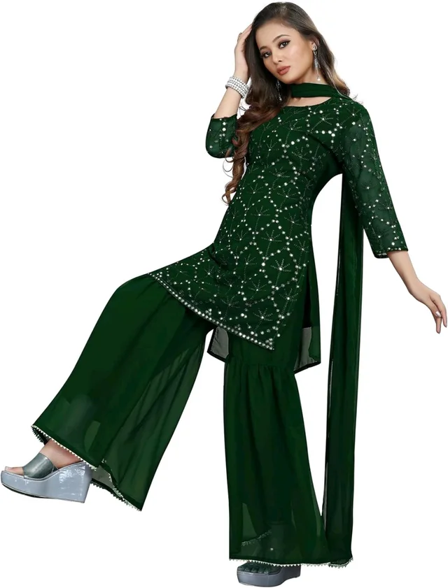 Women's Georgette Sequence Party Festival Wear Full Sleeve Latest Stitched Kurta Sharara and Duppata Set - Japanese Laurel, M